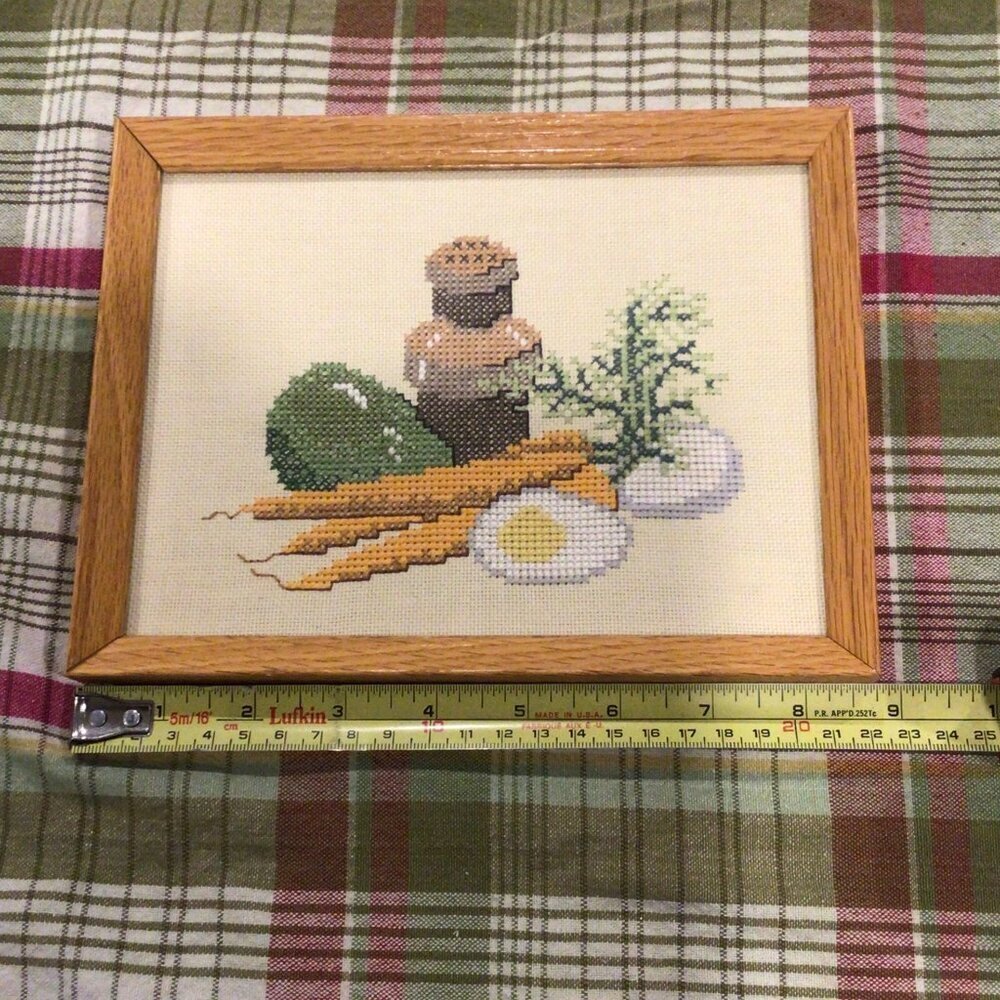 Framed Cross-Stitch Wall Art Garden Vegetables, Spice Bottle, Eggs Vtg. 1970s - Picture 6 of 6